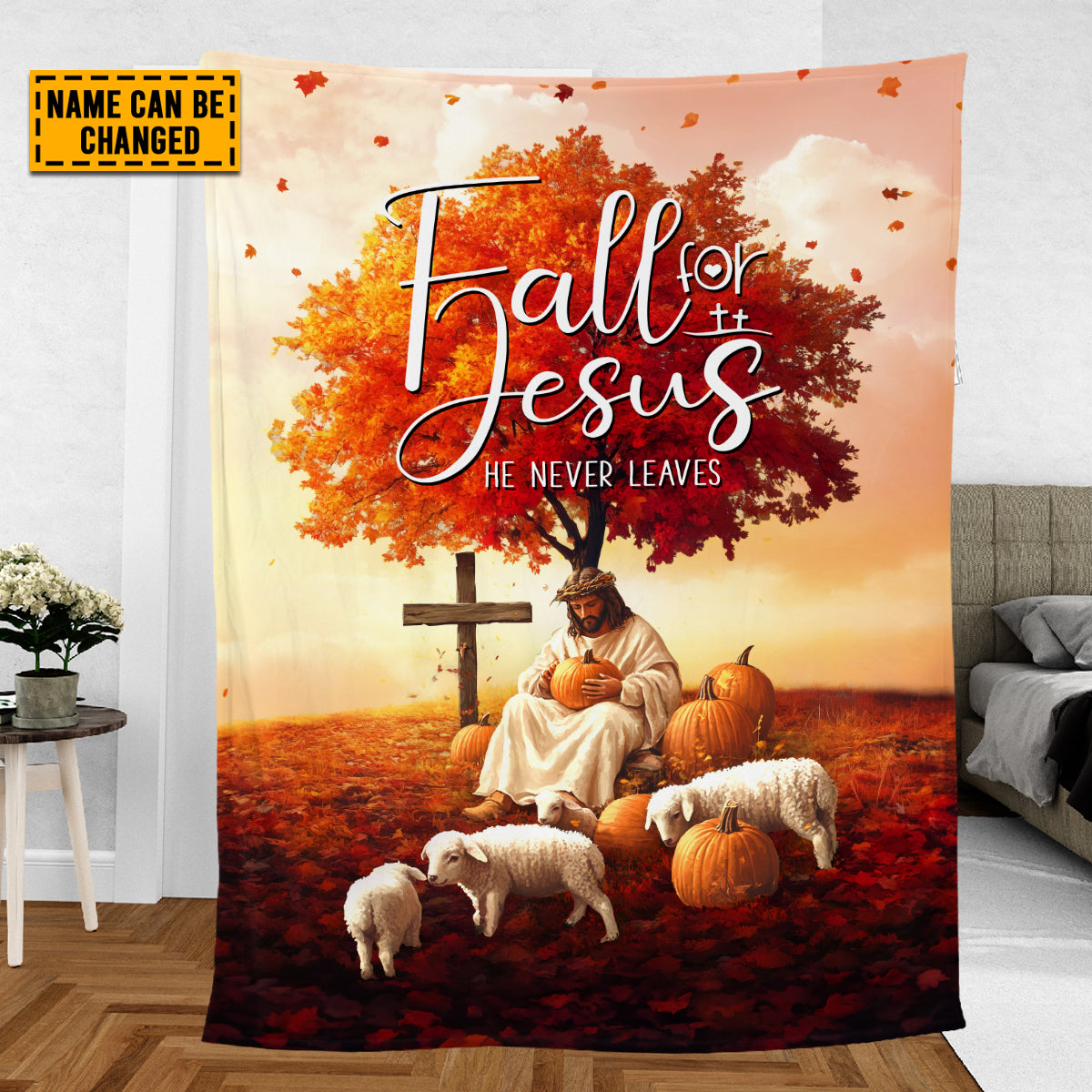 Teesdily | Customized Jesus Lamb Pumpkin Thanksgiving Blanket, Fall For Jesus He Never Leaves Throw Blanket, Jesus Lovers Gifts