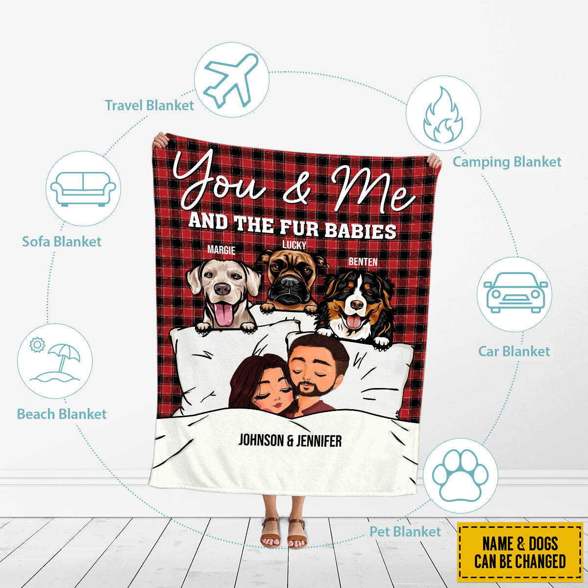 Teesdily | Dog Mom Dad Couple Customized Name Fleece Blanket Dogs Christmas Plaid Sherpa Blanket You Me And The Fur Babies Blanket Gift For Dog Owners