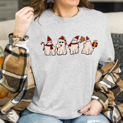 Teesdily | Retro Ghost Santa Shirt, Christmas Ghosts Sweatshirt, Cute Ghost Christmas Sweatshirt, Ghost Hoodies Mug