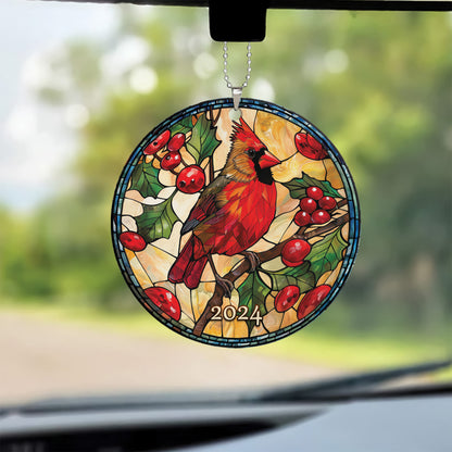 Teesdily | Cardinal Christmas Stained Glass Print Rear View Mirror Accessories, Cardinal Christmas 2024 Rear View Mirror Hanging, Christmas Tree Decor