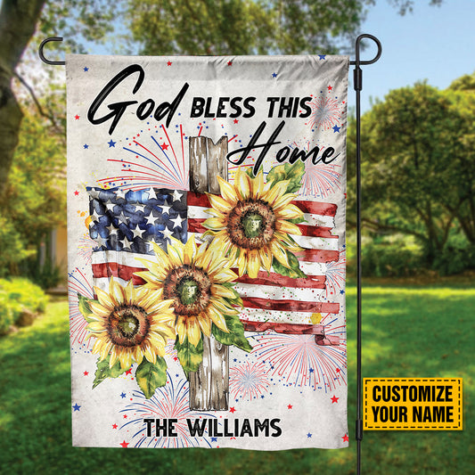 Teesdily | Customize Jesus Cross Sunflower American Flag Garden, God Bless This Home Flag, Happy Independence Day Banner House Decor, Religious Gift