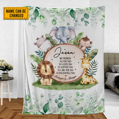 Teesdily | Nursery Personalized Safari Blanket We Promise To Love You Forever And Always Sherpa Fleece Woodland Animal Baby Blanket Custom Gifts