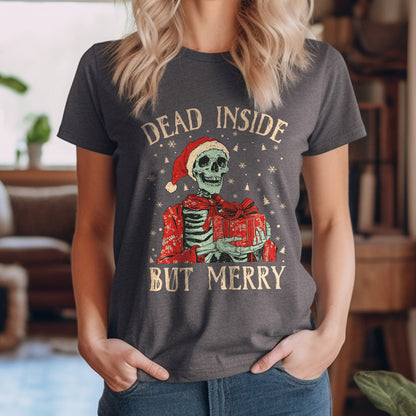 Teesdily | Christmas Skeleton Shirt, Dead Inside But Merry Christmas Sweatshirt Hoodie Mug, Skeleton Santa Tee, Christmas Gift