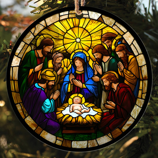 Teesdily | Jesus Christ Mary Christmas Ornament, Holy Family Stained Glass Printed Ornament, Nativity Religious Art Christmas Gift