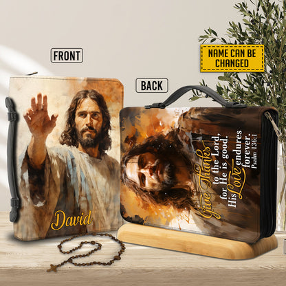 Teesdily | Jesus Portrait Painting Personalized Bible Cover, Jesus Christ Easter Thanksgiving Bible Bags, Give Thanks To The Lord, Spiritual Gift Idea