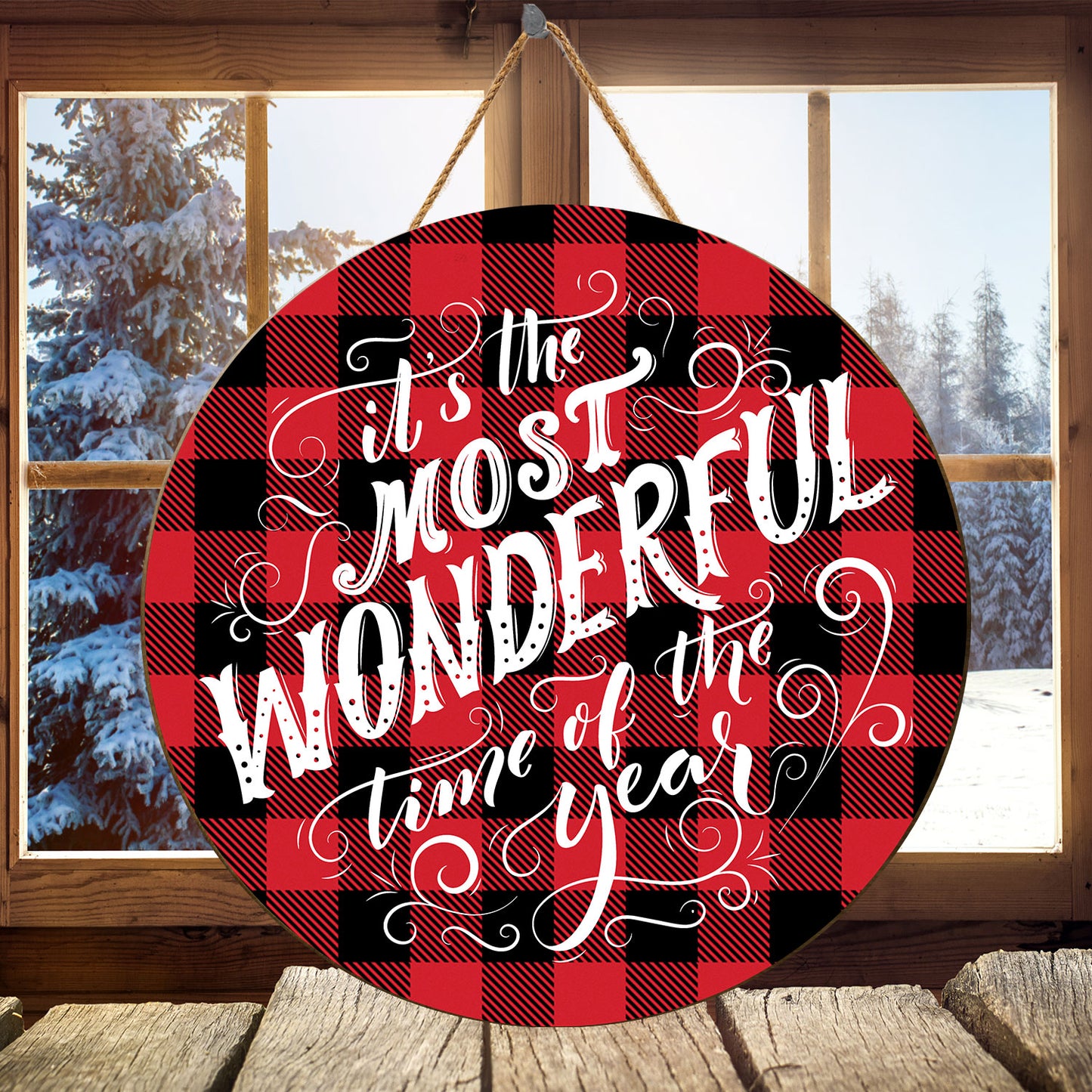 Teesdily | It's The Most Wonderful Time Of The Year Christmas Quote Wood Sign Plaid Pattern Round Home Sign House Office Decor Christmas Gift