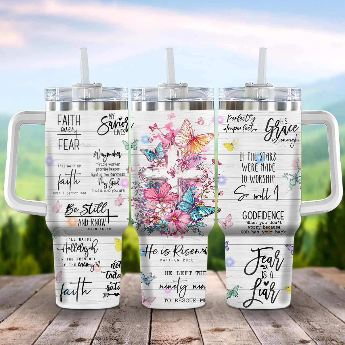 Teesdily | Jesus Affirmations Insulated Tumbler, Jesus Cross Butterflies 40oz Tumbler With Handle, Religious Inspirational Gifts 40oz Tumbler