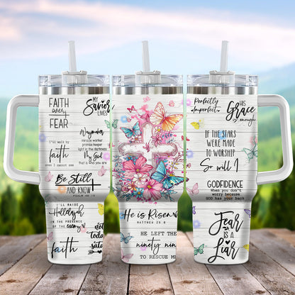 Teesdily | Jesus Affirmations Insulated Tumbler, Jesus Cross Butterflies 40oz Tumbler With Handle, Religious Inspirational Gifts 40oz Tumbler