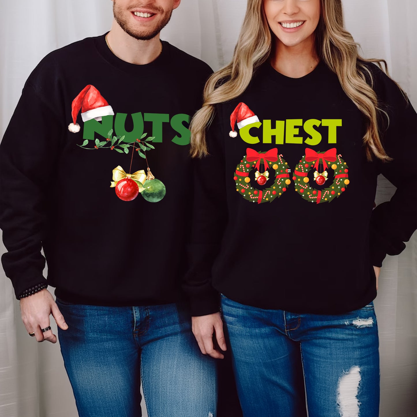 Teesdily | Chest Nuts Matching Christmas Shirt, Funny Couple Shirts, Christmas Couple Sweatshirt, Holiday Matching Family Gift