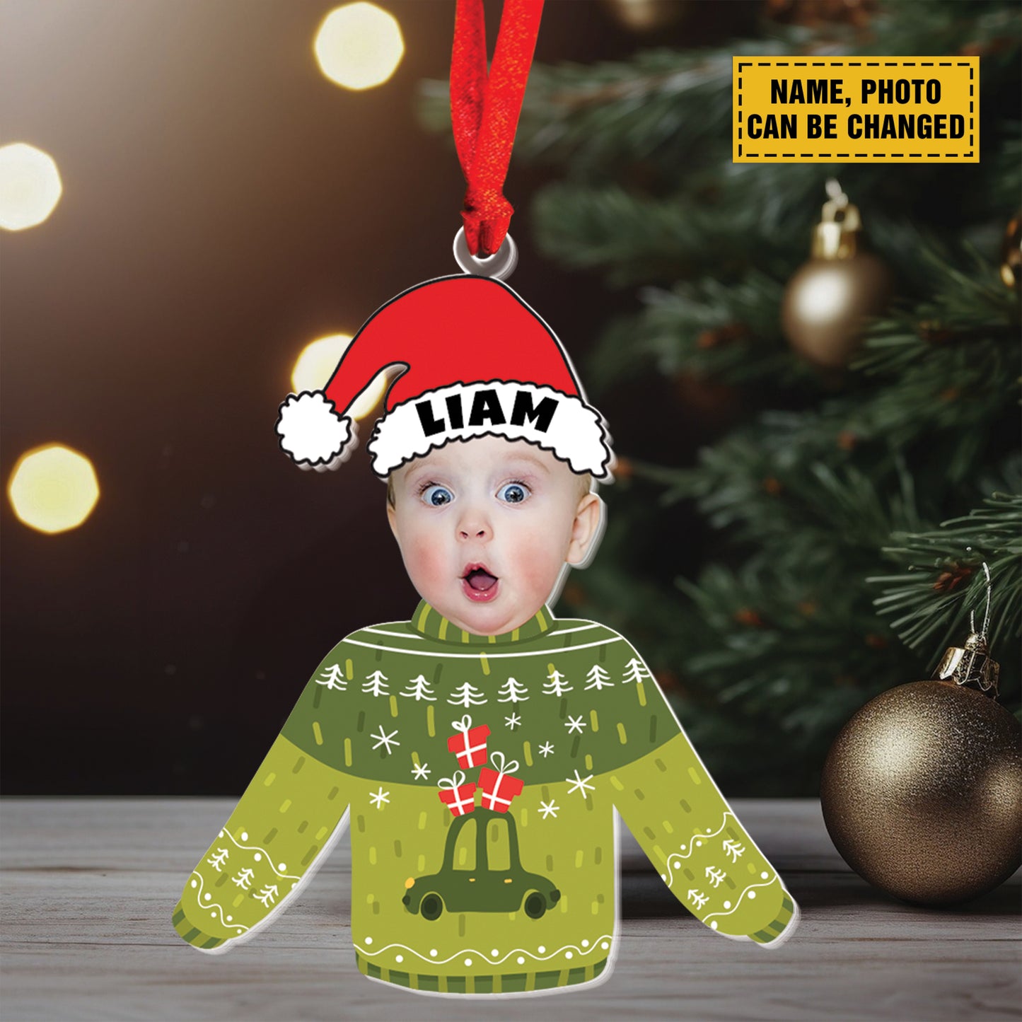 Teesdily | Customized Christmas Ugly Sweater Kid Ornament, Baby Photo Sweatshirt Ornament Christmas, Kid Hat Santa Christmas Gift