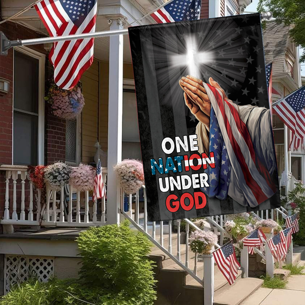 Teesdily | Jesus Christ Hand Praying Garden Flag, God Bless America House Flag, God American Flag Print, Christian Home Outdoor Decor