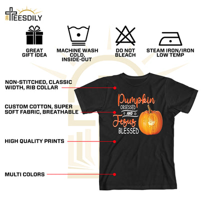 Teesdily | Jesus Pumpkin Shirt, Pumpkin Obsessed And Jesus Blessed Autumn Tee Sweatshirt Hoodie Mug, Christian Apparel, Pumpkin Jesus Lovers Gifts