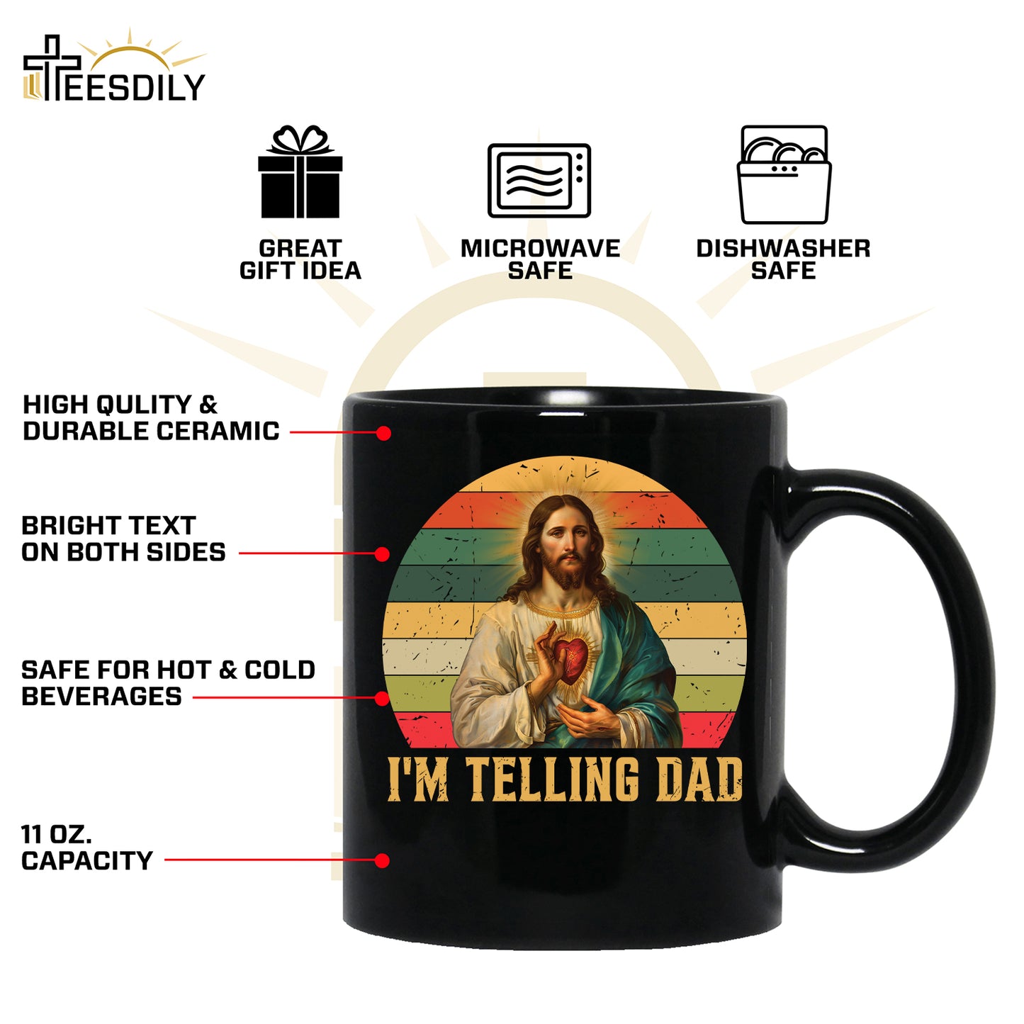 Teesdily | Jesus Sacred Heart Retro Shirt, I'm Telling Dad Shirt, Dad Grandad Vintage Sweatshirt Hoodie Mug, Father's Day Christian Dad Gifts