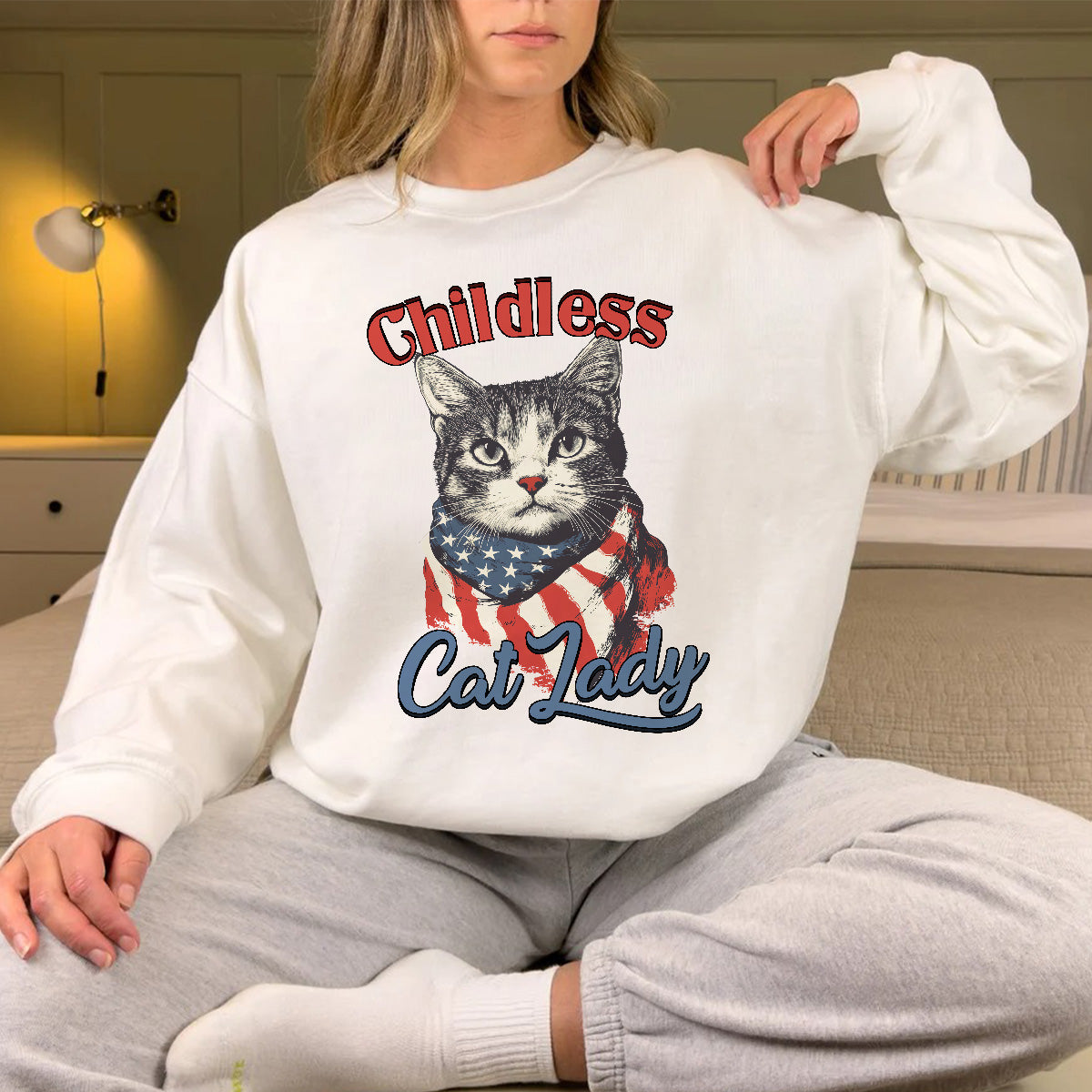 Teesdily | Childless Cat Lady Shirt, Childless Cat Lady For Ka-mala T-shirt, Cat American Flag Sweatshirt Hoodie Mug, Cat Lover Gift