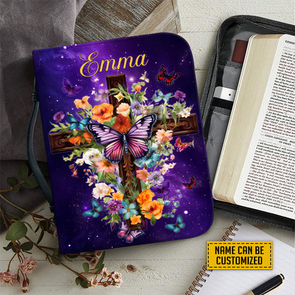 Teesdily | Jesus Cross Floral Customized Bible Cover Heal Me Oh Lord And I Will Be Healed Bible Case Butterfly Galaxy Print Gift For Women In Faith