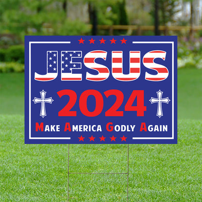 Teesdily | Jesus Cross Yard Sign, Christ 2024 Make American Godly Again Garden Outdoor Sign, American Flag Lawn Sign, Jesus Yard Decor, Patriot Gift