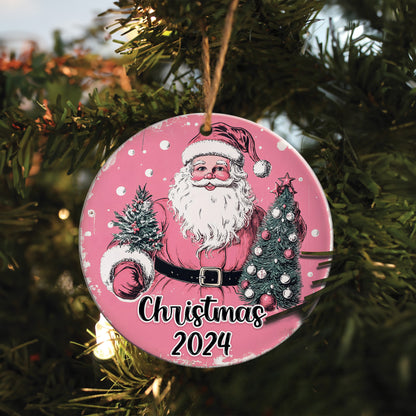 Teesdily | Pink Santa Ornament, Santa Claus Christmas Tree Ornament, Pink Coquette Santa Christmas Ornament, Noel Ornament Hanging Tree, Xmas Gift