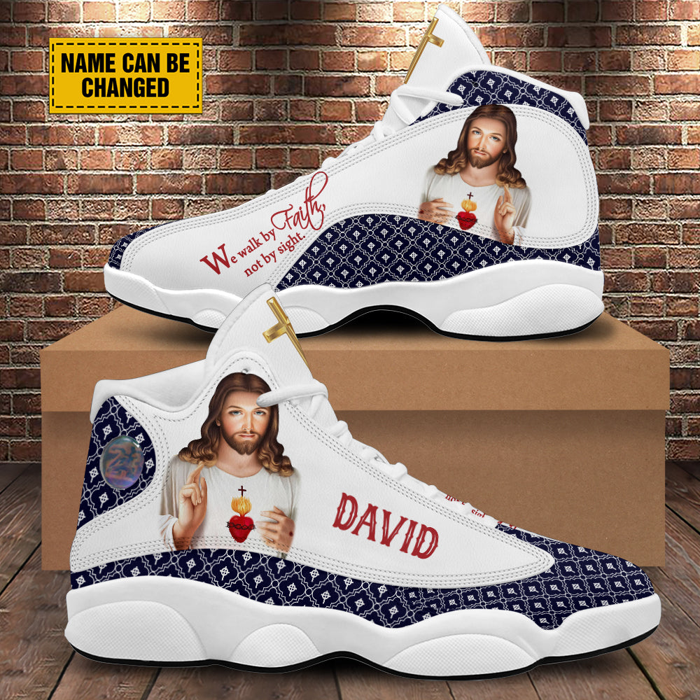 Teesdily | Customized Jesus Art Basketball Shoes, We Walk By Faith Not By Sight Running Shoes, Unisex Shoes With Thick Sole