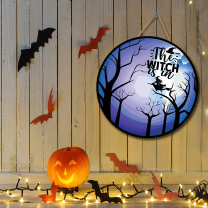 Teesdily | The Witch Is In Spooky Forest Trees Full Moon Wood Sign Halloween Decoration Halloween Trick Or Treat Office Decor