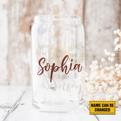 Teesdily | Customized Jesus Sunflower Glass Can With Straw, With God All Things Are Possible Mug Coffee, Christ Frosted Glass Can, Christian Art Gift