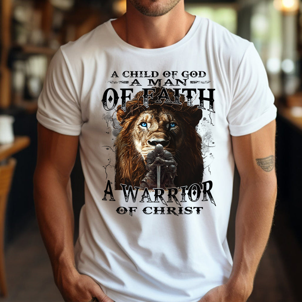 Teesdily | Jesus Warrior Knight Lion Shirt, A Warrior Of Christ Sweatshirt, A Child Of God Hoodie Mug, Man Of Faith Religious Tee