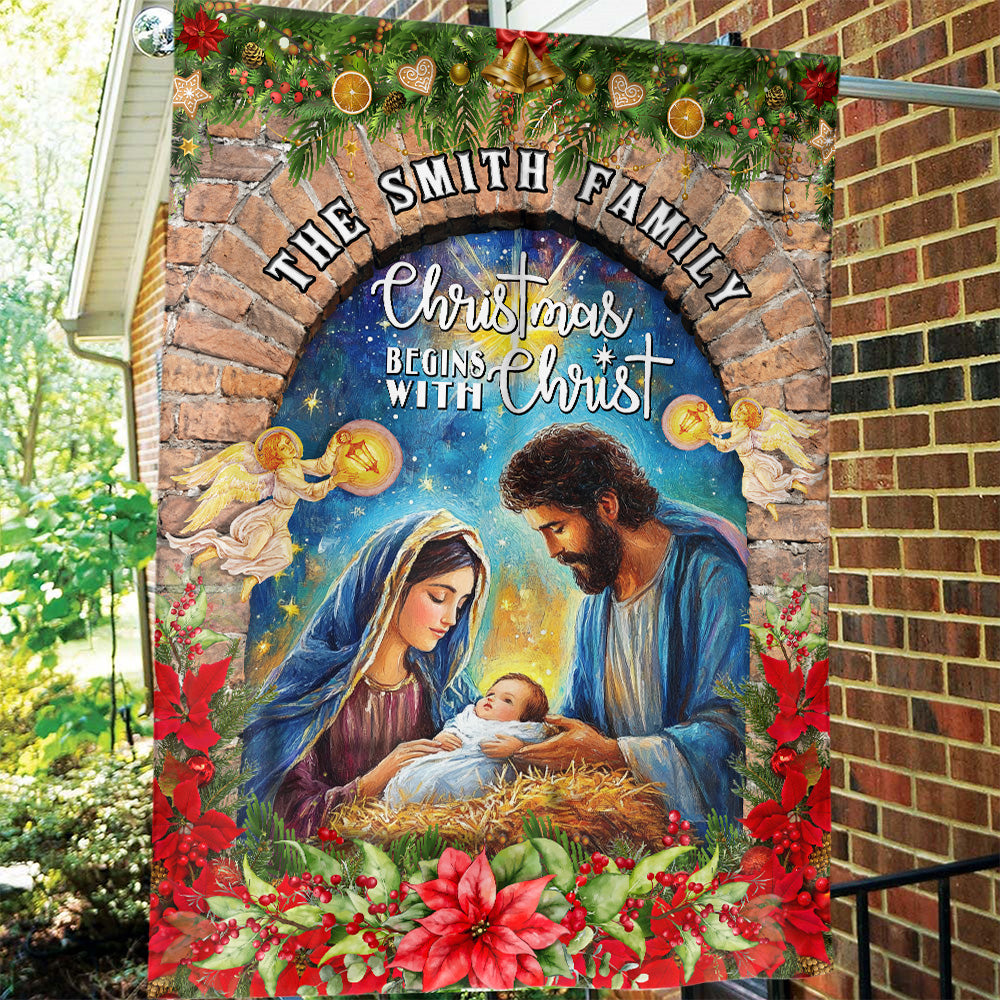 Teesdily | Customized Christmas Begins With Christ Garden Flag, Holy Family Jesus Christmas Flag House, Religious Christmas Gift