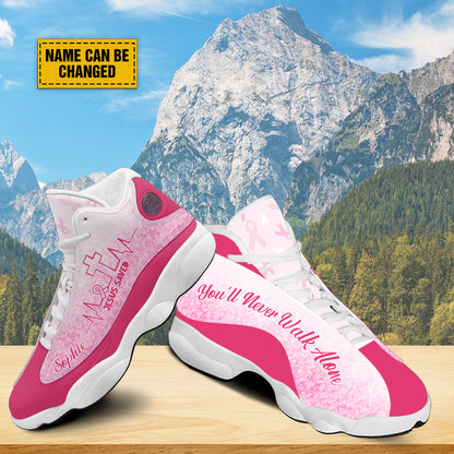 Teesdily | Breast Cancer Warrior Personalized Basketball Shoes Jesus Saved Heartbeat Running Shoes You'll Never Walk Alone Breast Cancer Support Gift