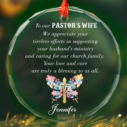 Teesdily | Customized Pastor's Wife Jesus Cross Glass Ornament, We Appreciate Your Tireless Efforts Christmas Ornament, Jesus Gift