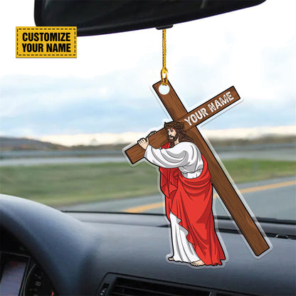 Teesdily | Customized Jesus Holding Cross Acrylic Ornament, Jesus Christ Rear View Mirror Hanging, Christian Car Accessories, God Believer Gifts