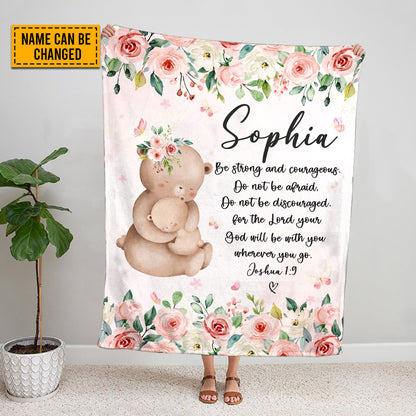 Teesdily | Bear Mom And Kid Personalized Fleece Blanket, God Verse Baby Blanket Gift, Baby Toddler Blanket, Floral Nursery Decor, Baby Shower Gifts