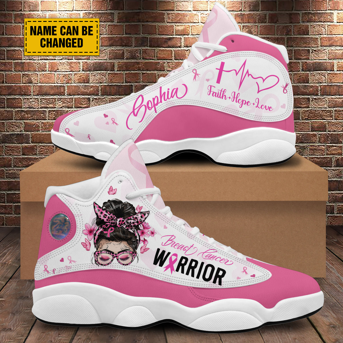 Teesdily | Custom Breast Cancer Warrior Basketball Shoes, Faith Hope Love Jesus Support Warrior Shoes Sneaker, Pink Ribbon Strong Girl Fighter Gift