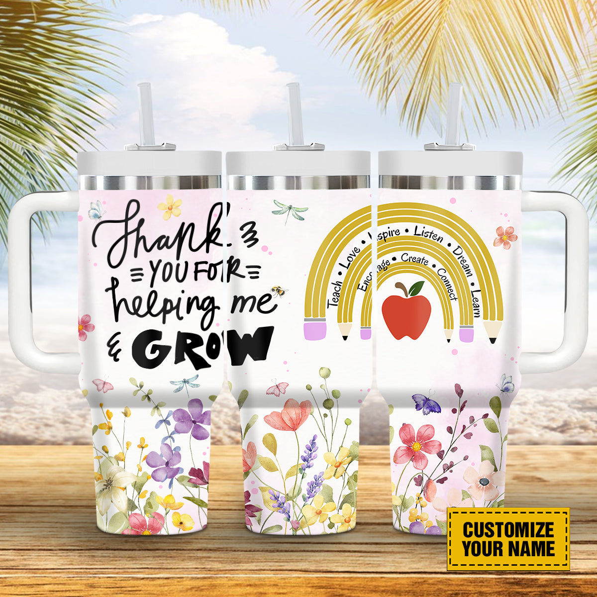 Teesdily | Teacher Rainbow Customized 40oz Tumbler, Thank You For Helping Me Grow Insulated Tumbler, Teacher Floral Water Tumbler, Teacher Custom Gift