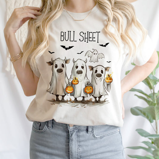 Teesdily | Halloween Ghost Cows Shirt, Bull Sheet T-shirt, Funny Cow Ghost Sweatshirt Hoodie Mug, Retro Halloween Spooky Season Tee, Halloween Gift