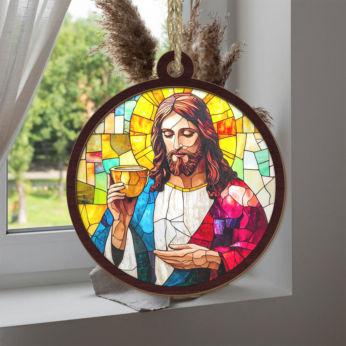 Teesdily | Jesus Holy Communion Scene Suncatcher, Jesus Christ Cup Stained Glass Suncatcher, Christmas Ornament Hanging, Xmas Decoration Gift