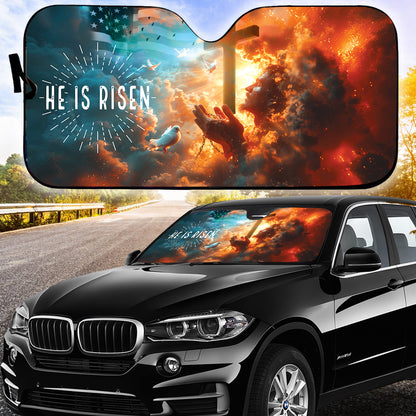 Teesdily | Jesus Cross Bird American Flag Car Sunshade, He Is Risen Auto Sunshade, Christ Car Windshield Sunshade, Car Accessories, Religious Gifts