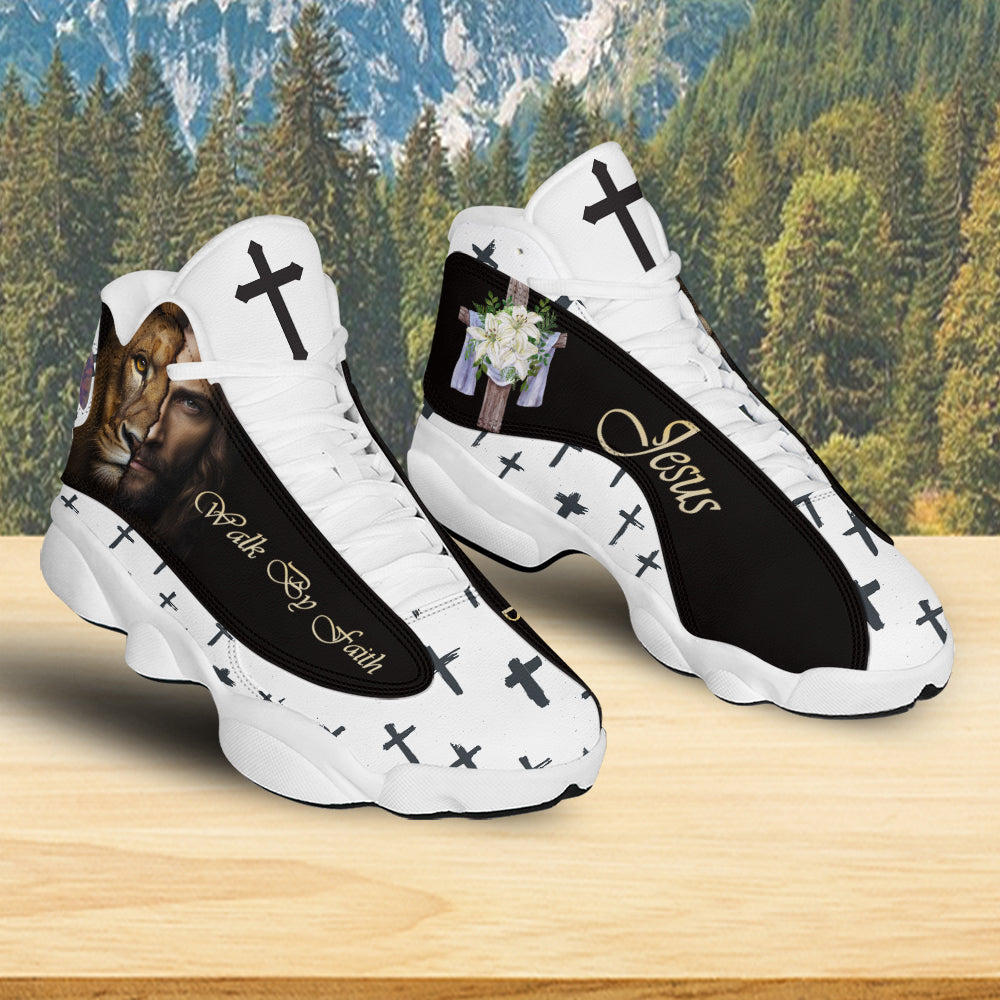 Teesdily | Jesus Lion Walk By Faith Basketball Shoes, Christian Flower Cross Running Shoes, Religious Gift For Jesus Lovers