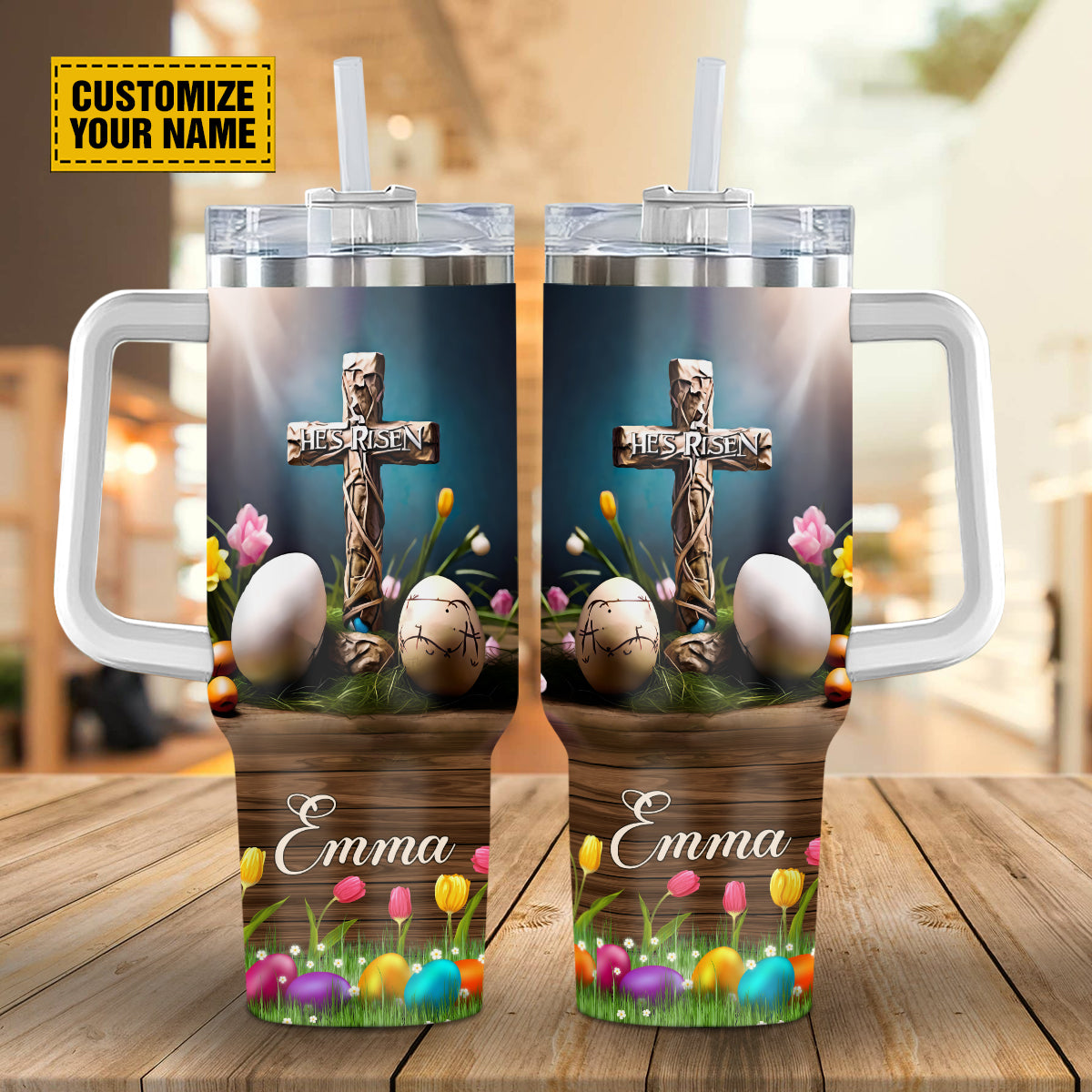 Teesdily | Customized He Is Risen Easter 40oz Tumbler With Handle, Easter Day Personalized Tumbler, Easter Eggs Cross Travel Cup, Easter Gifts