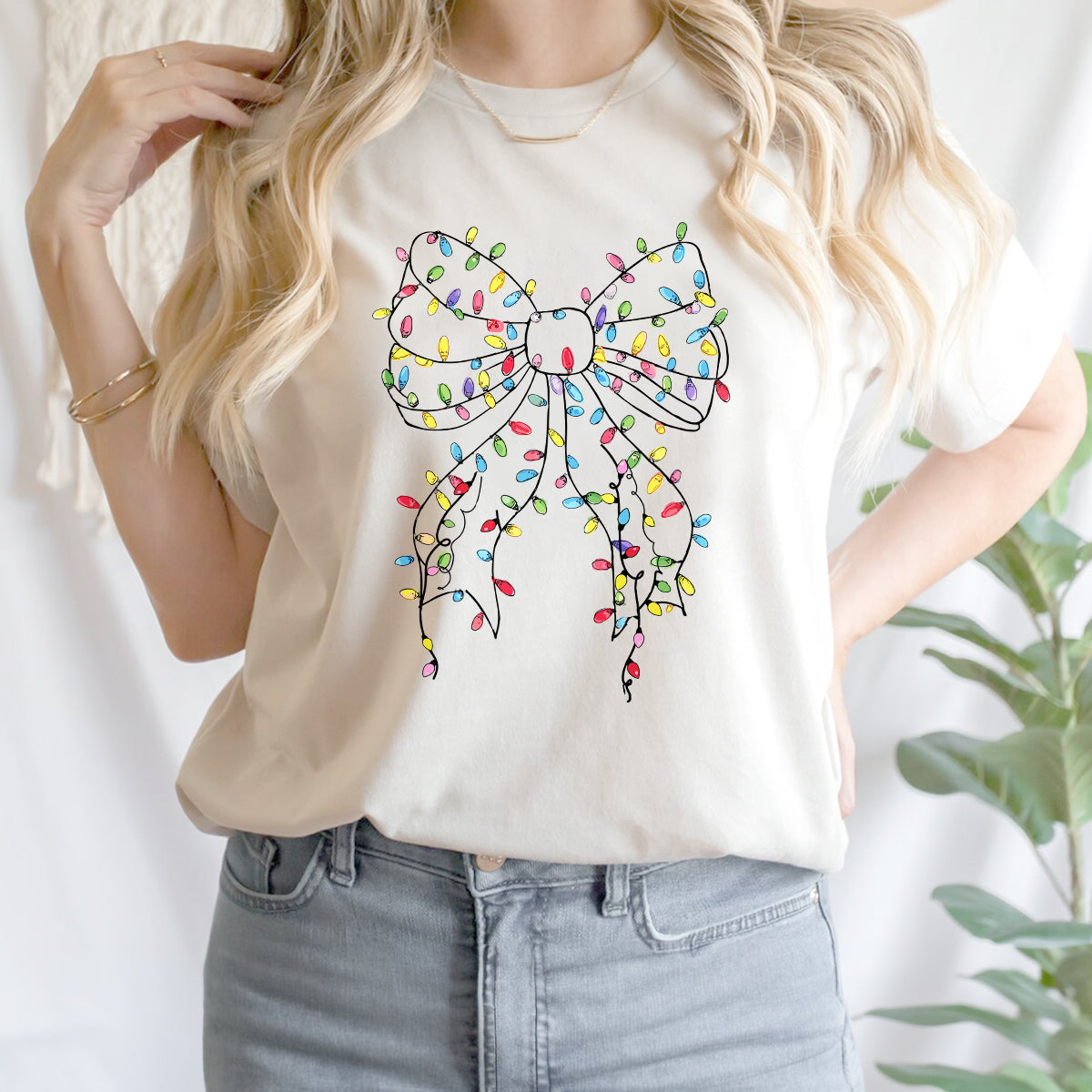 Teesdily | Christmas Light Bow Shirt, Christmas Coquette Bow Sweatshirt, Merry Xmas Coquette Bow Hoodie, Holiday Season Mug Gifts