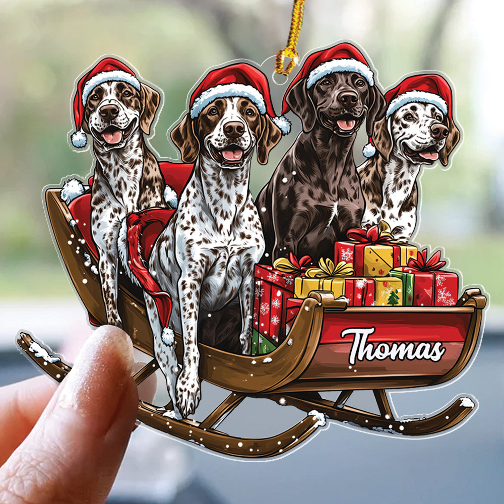 Teesdily | Customized Christmas Dog Ornament, German Shorthaired On Santa SleighOrnament, Dog Mom Border Collie Christmas Gifts