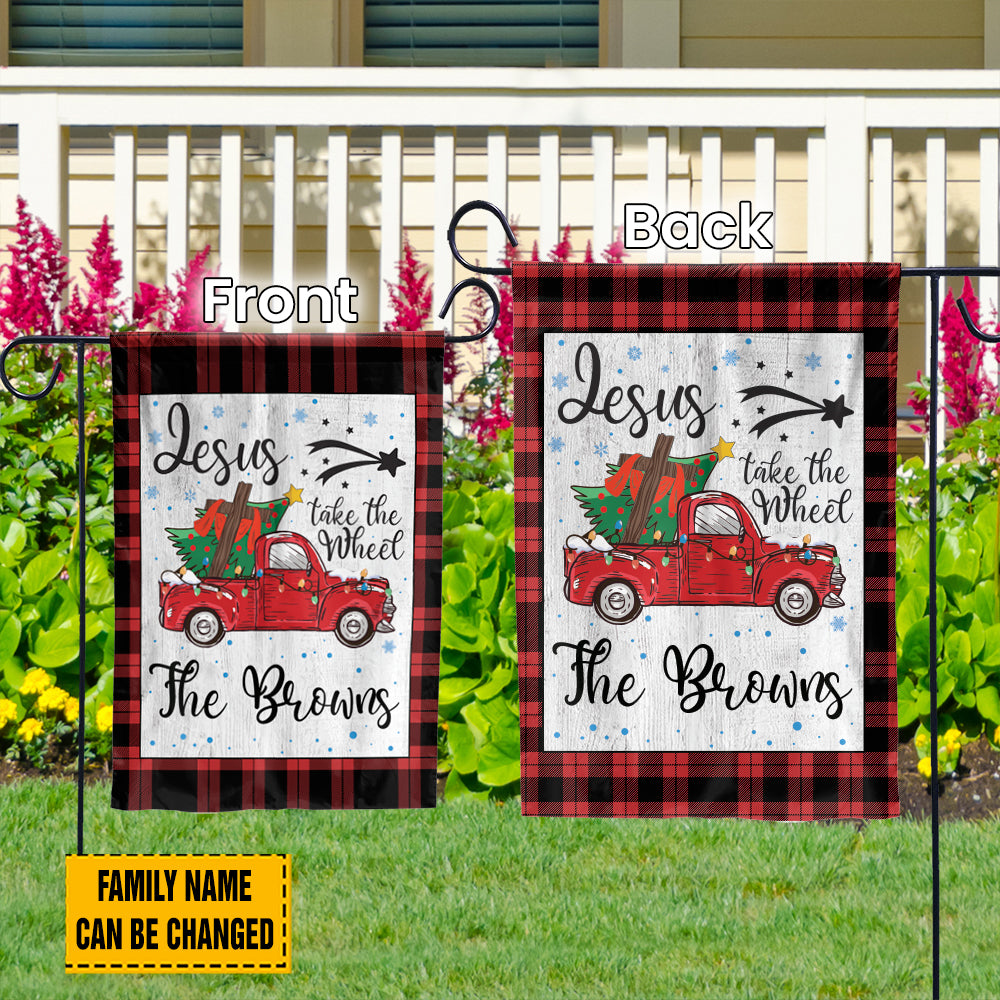 Teesdily | Customized Jesus Take The Wheel Christmas Garden Flag, Red Truck Car Christmas Tree House Flag, Christ Cross Home Flag