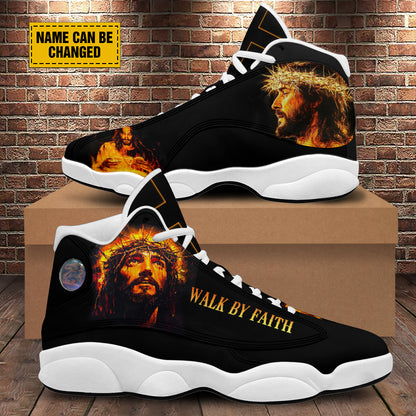 Teesdily | Customized Jesus Portrait Art Basketball Shoes, Walk By Faith Running Shoes Christian Unisex Shoes With Thick Sole