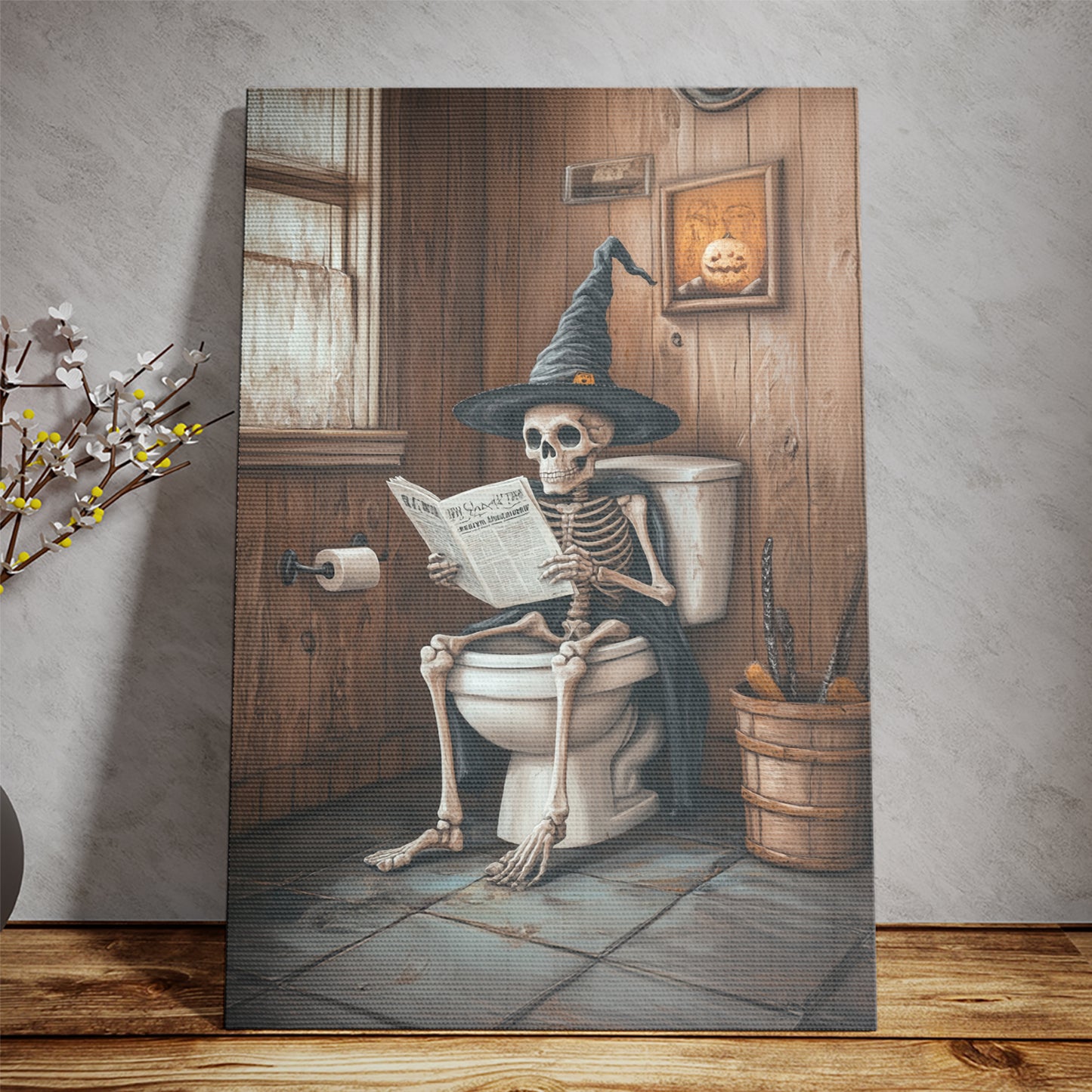 Teesdily | Skeleton On Toilet Art Poster, Halloween Skeleton In Bathroom Canvas, Gothic Skeleton Decor Wall, Funny Skeleton Poster