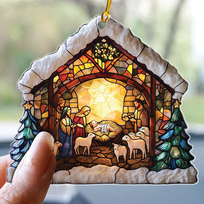 Teesdily | Nativity Scene Acrylic Ornament , Nativity Jesus Snowy House Christmas Ornament, Religious Jesus Lover Gift