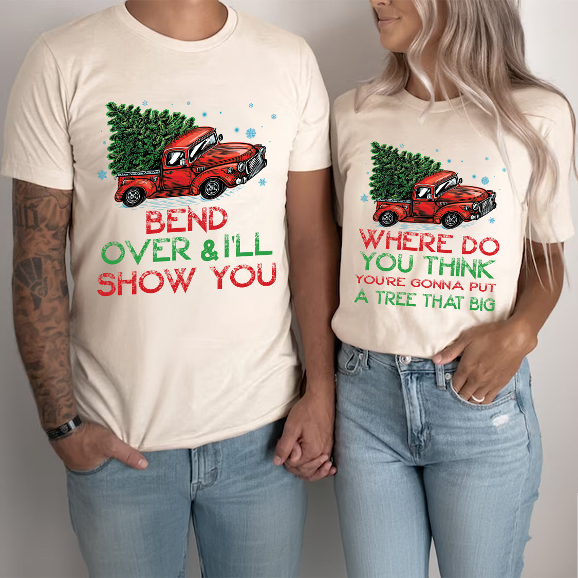 Teesdily | Bend Over And I'll Show You Christmas Couple Shirt, Christmas Vacation Matching Shirt Hoodie Mug, Red Truck Car Sweatshirt