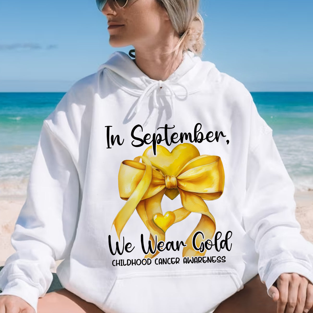 Teesdily | In September We Wear Gold Shirt, Cancer Coquette Bow Gold Sweatshirt, Childhood Cancer Awareness Hoodie Mug Survivor