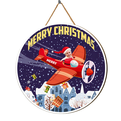 Teesdily | Customized Funny Pilot Wood Sign With Face Santa Claus Flying Plane Hanging Wood Sign Merry Christmas Daddy Gift Home Decoration