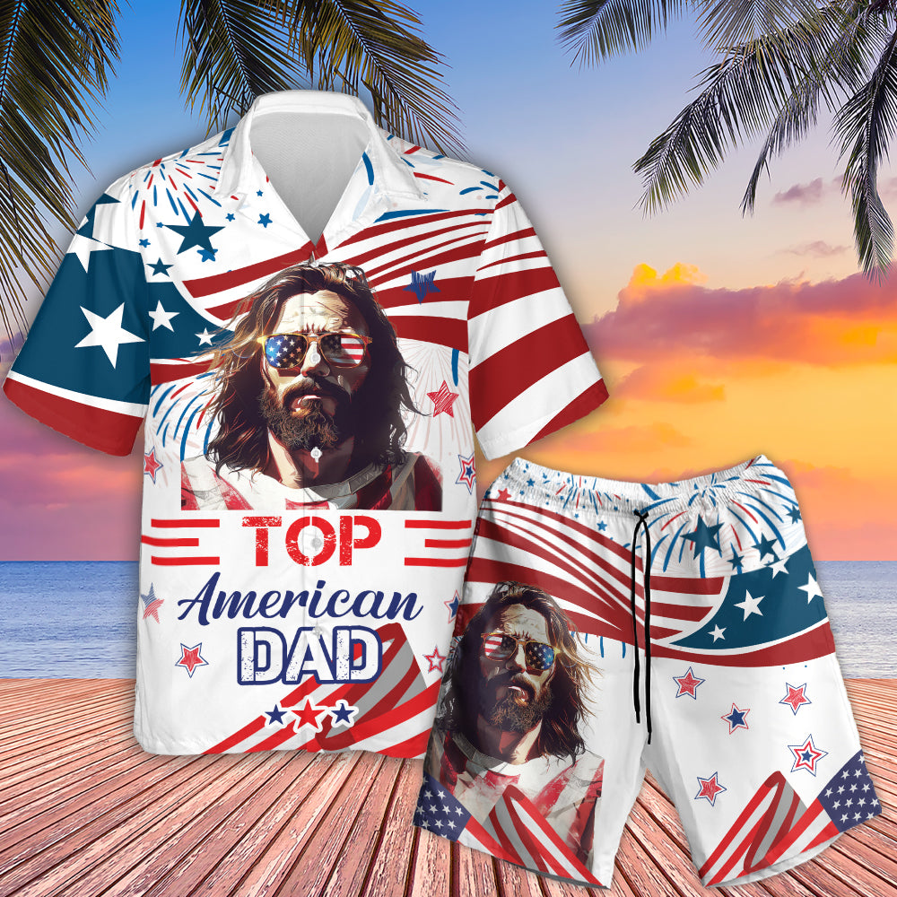 Teesdily | Jesus Top American Dad Hawaiian Shirt, God Sunglasses US Flag Pride Hawaii Shirt, Dad Summer Aloha Beach Outfit Set, Independence Day Gift