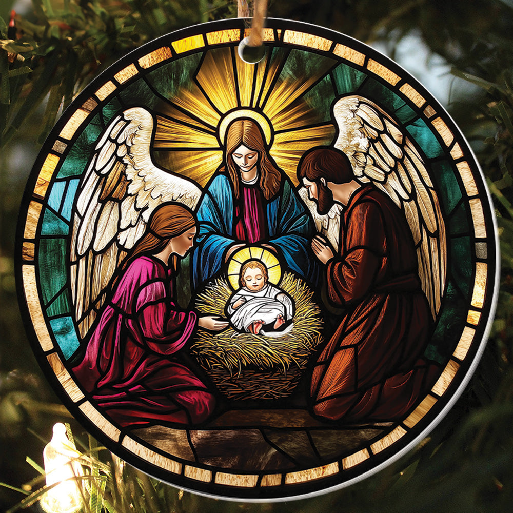 Teesdily | Jesus Christ Mary Christmas Ornament, Holy Family Stained Glass Printed Ornament, Nativity Religious Art Christmas Gift