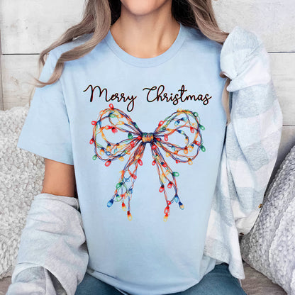 Teesdily | Merry Christmas Bow Light Shirt, Christmas Coquette Bow Sweatshirt, Merry And Bright Lights Bow Hoodie Mug For Women