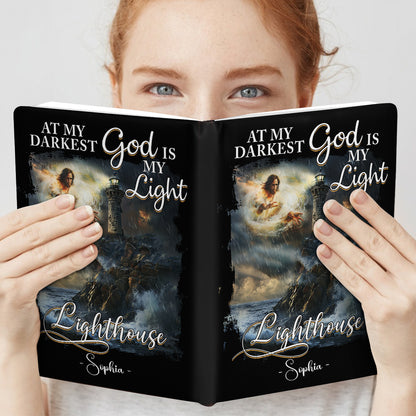 Teesdily | Personalized Jesus Lighthouse Storm Notebook, At My Darkest God Is My Light Notebook, God Faith Religious Gift, Christian Leather Journal